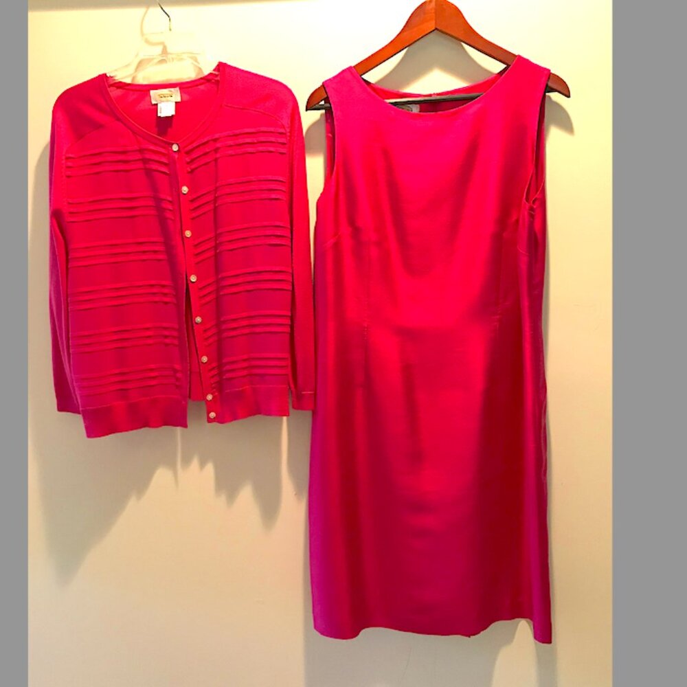 Talbots dress -  Fuschia silk  sleeveless dress + matching cardigan, size 14